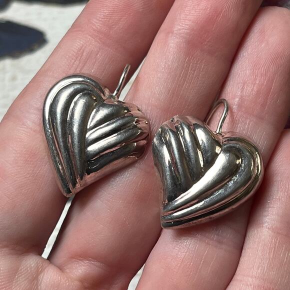 Vintage 90s Puffy Heart Sterling Silver Earrings - Picture 1 of 6